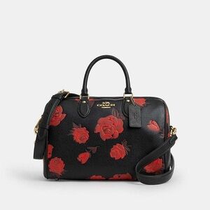 Coach Black and Red Rowan Large Satchel Bag With Floral Print NWT